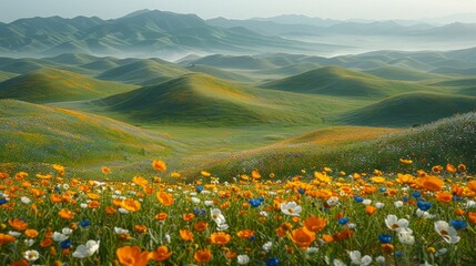 Fototapeta premium A vast field of wildflowers in the foreground, with rolling green hills and a misty mountain range in the background. AI generative. .