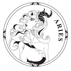 PNG. Illustration of sign zodiac Aries. Astrology fire sign. Silhouette of girl face with long curly hair and horns in round frame. Line art. Design for tattoo.	