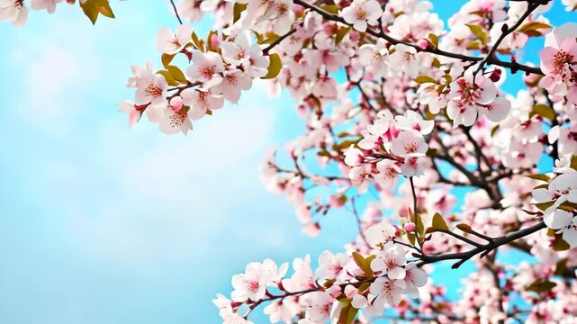 Pink cherry blossoms adorn branches against a serene blue sky