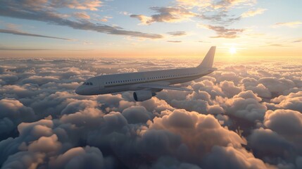 Naklejka premium Airplane flying above clouds at sunset. AI generative. .