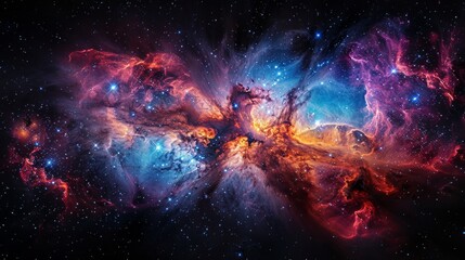 A swirling nebula of red, orange, and blue hues, with stars scattered throughout the dark sky. AI generative. .