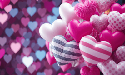 Fototapeta premium vibrant collection of pink, white, and striped heart shapes creates romantic and cheerful atmosphere against blurred heart patterned background