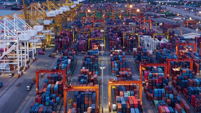 time lapse Shipyard Cargo Container Sea Port Freight forwarding service logistics and transportation. International Shipping Depot Custom Port for import export trade Transport Business manufacturing