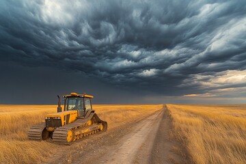Tractor on rural road, storm clouds overhead, field, agriculture, weather