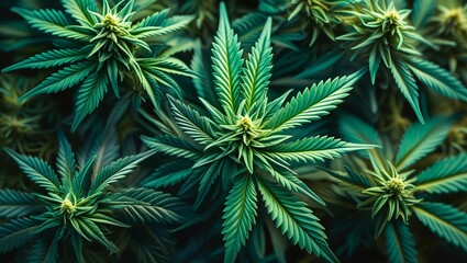 Close-Up of Cannabis Plants with Lush Green Marijuana Leaves and Buds