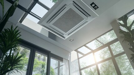 Obraz premium Ceiling air conditioner, bright room, skylights, plants.