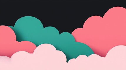 Fototapeta premium A colorful, abstract depiction of layered clouds in shades of pink and teal against a dark background, creating a whimsical, dreamy atmosphere.