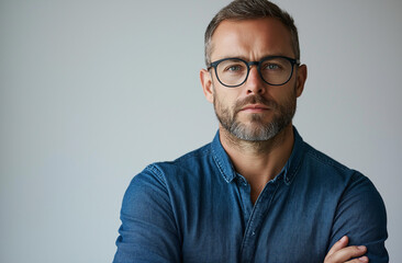 Obraz premium Confident stylish man with short hair and beard, wearing glasses and a blue shirt, arms crossed, isolated on white background, casual outfit, professional photo shoot pose