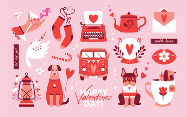 Set of cute romantic clip arts to Saint Valentine's Day. Vector isolated illustrations with retro bus, typewriter, socks, dogs, heart shaped balloon, lips, love letter. Flat Design. Naive style.