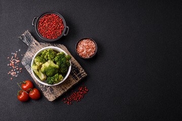 Delicious fresh green broccoli steamed in a ceramic plate