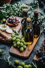 Obraz premium Bottles of olive oil and fresh olives highlight the benefits of heart-friendly fats in Mediterranean cuisine