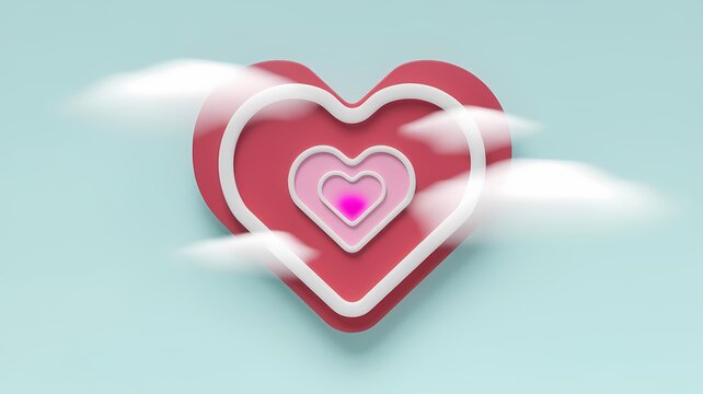 A minimalist 3D render of a Valentine's Day wallpaper with light colors. There is a large red heart with a white outline. Inside the heart, there is a smaller heart with a pink gradient.