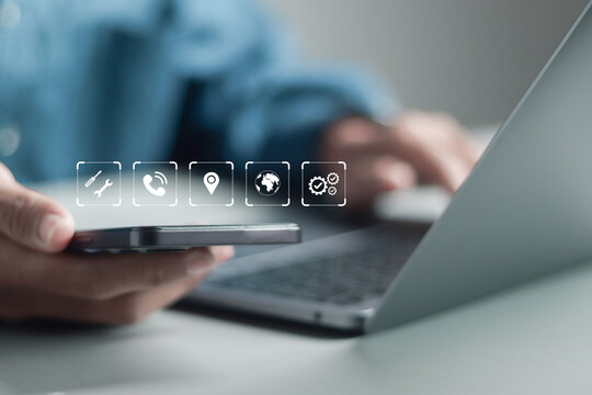 Technical support customer service concept, call center and customer service help. Businessman working with support icon on virtual screen, - Powered by Adobe