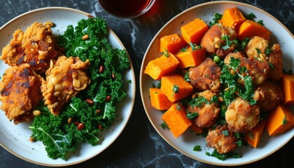 Fototapeta premium Southern Comfort Dinner with Fried Chicken, Kale, and Sweet Potatoes on Plates