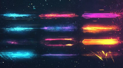 Modern technology banners collection in cyberpunk style. Abstract sci-fi text boxes with glitch effect. Futuristic hi-tech badges. Colorful glitchy background set. Vector illustration.