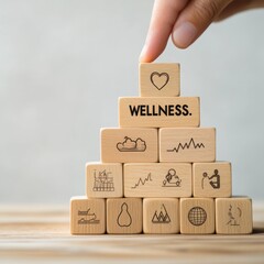 A creative arrangement of wooden blocks highlighting key aspects of wellness, emphasizing health, balance, and well-being.
