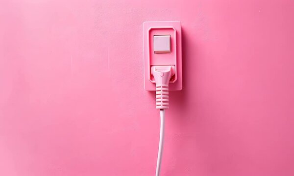 Pink electrical plug in pink socket against wall