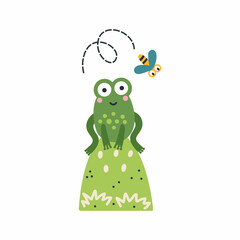 Cute frog sits and catches fly. Vector illustration for children in doodle style. Postcard design element.