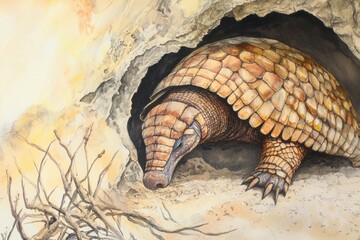 Fototapeta premium A close-up of a giant armadillo digging its burrow in the dry soil of the Chaco region