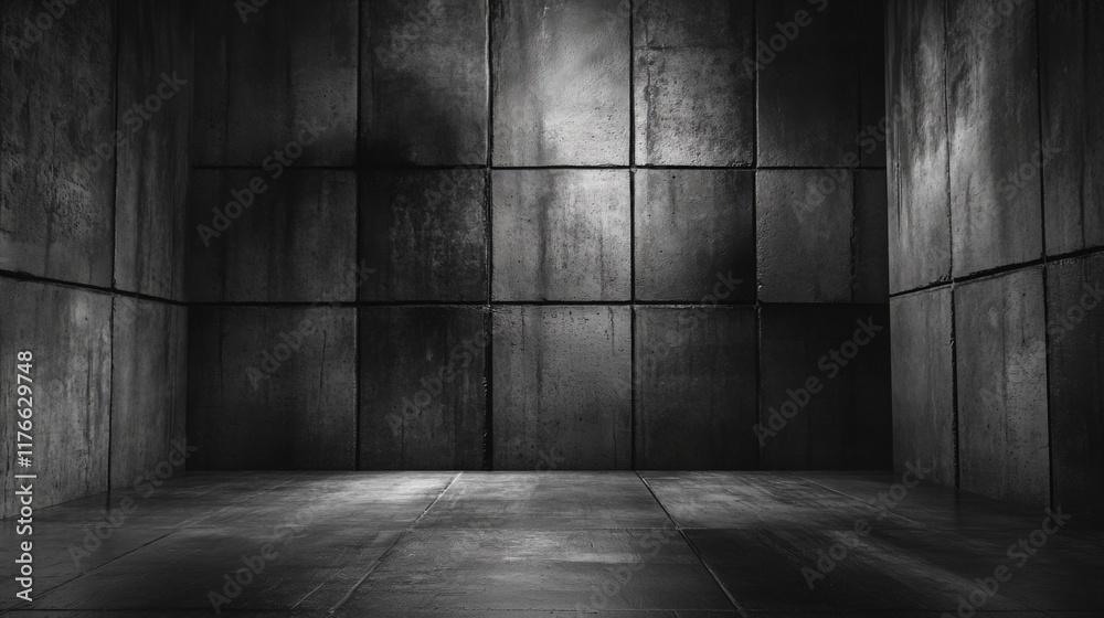 Poster a dimly lit, empty room with dark, textured walls and a concrete floor, creating a minimalist and in