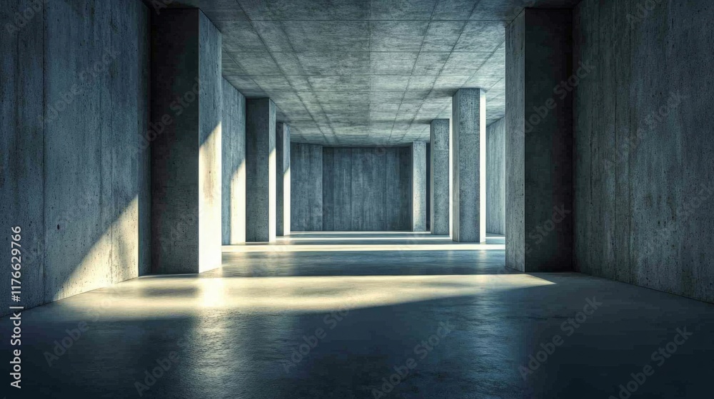 Poster A spacious, minimalist interior featuring concrete walls and columns, illuminated by soft light casting shadows on the floor.