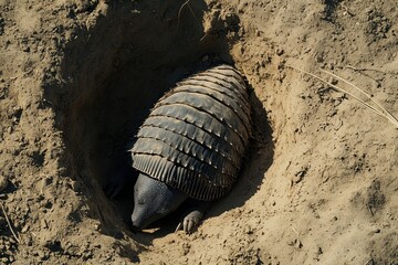 Fototapeta premium A close-up of a giant armadillo digging its burrow in the dry soil of the Chaco region