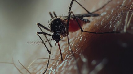 A close-up of a mosquito feeding on human skin, showcasing its detailed features and the moment of blood extraction.