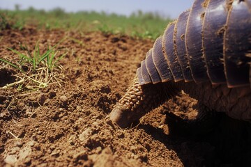 Fototapeta premium A close-up of a giant armadillo digging its burrow in the dry soil of the Chaco region