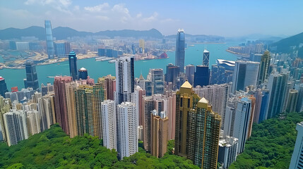 Obraz premium Urban Skyline Illustration: High-Rise Buildings and Lush Greenery