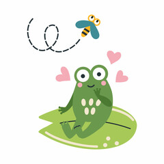 Cute frog is sitting on lily pad. Vector illustration for children in style of doodles. Postcard design element.