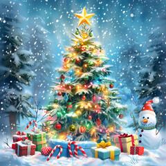 Cheerful Holiday Clipart featuring Decorated Christmas Tree, Snowman, and Wrapped Gifts in a Snowy Winter Scene