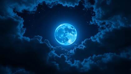 Majestic Blue Moon Lighting Up a Starry Night Sky with Dramatic Clouds