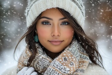 Beautiful woman wearing winter clothes enjoying snowfall in snowy forest