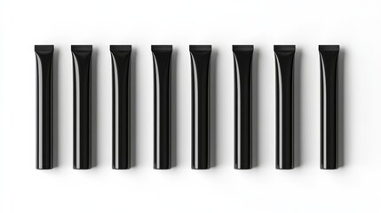 Obraz premium Set of black cosmetic tubes. Closed blank tubes with caps. Realistic mockup. Long nozzle tube. for ointment or salve. Gel serum. Korean packaging. Lip gloss. Toothpaste. Hand cream