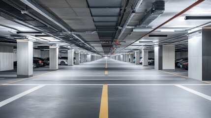 Modern underground parking garage, vehicles parked.