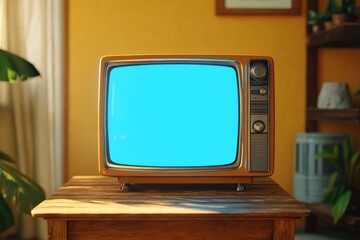 Old vintage tv set displaying static blue screen in retro room