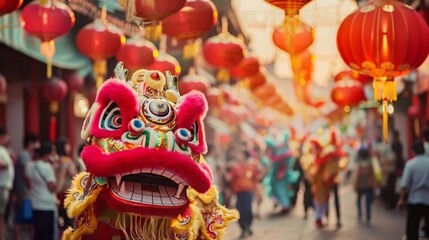 Fototapeta premium Vibrant dragon dance in ancient city streets during Chinese New Year, colorful lanterns, joyful crowds, traditional culture, festive celebration.