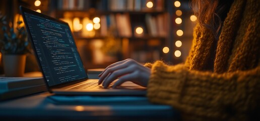 Woman codes at night, cozy home office
