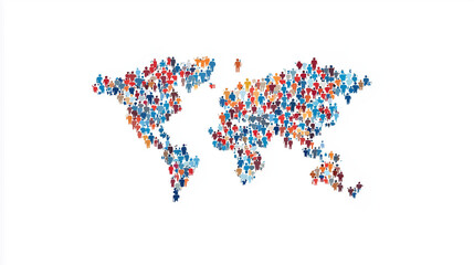 Obraz premium Global Network: A vibrant world map formed by diverse people icons, symbolizing interconnectedness, global collaboration, and international partnerships. 