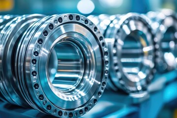 Close-up of shiny metal rotating parts with screws in modern industrial factory