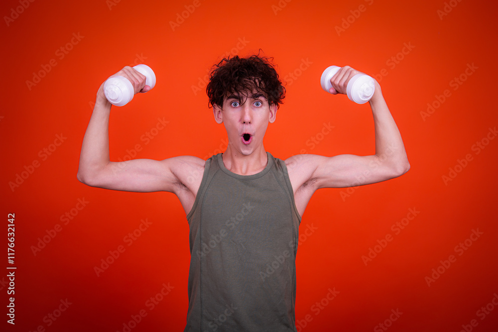 Wall mural Funny happy guy doing fitness.