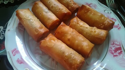 ：Delightful fried spring rolls with crispy golden - brown exteriors, filled with fresh and colorful ingredients, ready to be savored. A popular and scrumptious snack.