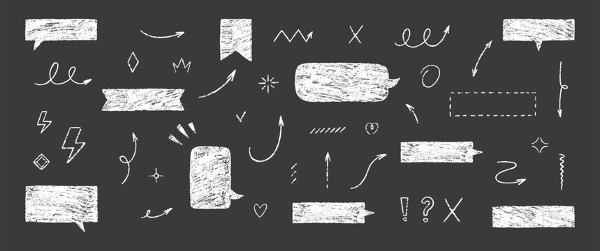 Set of text boxes, lightning, exclamation, cross and speech bubbles with crayon or chalk texture. Outline frames and arrows. Japan handwritten illustration on a black background.