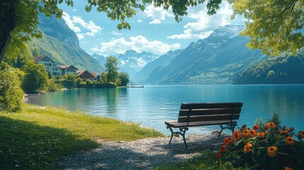 Breathtaking scenery of lake thun with interlaken city, switzerland, reflected in calm water on sunny summer day