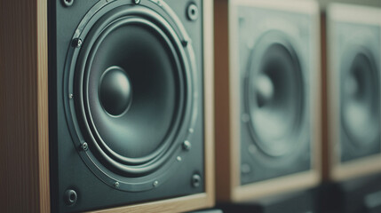 High-Fidelity Sound System: Close-up of bookshelf speakers with wooden casing, showcasing the intricate details and high-quality audio components. Perfect for audiophile blogs, product catalogs.