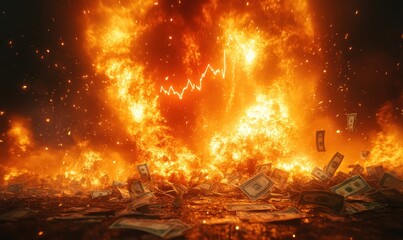 Burning money, fiery explosion, stock chart crash.