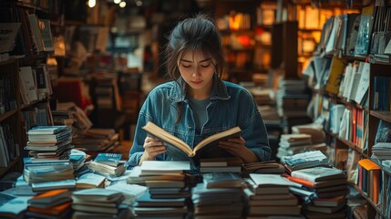 Woman reads book surrounded by many books.