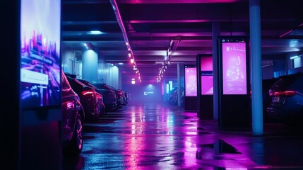 Neon-lit parking garage, cars, wet floor, digital displays.