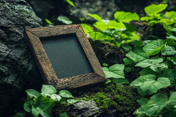 A closeup of an empty rustic wooden frame resting against a mossy rock, surrounded by vibrant green foliage illuminated by soft sunlight.