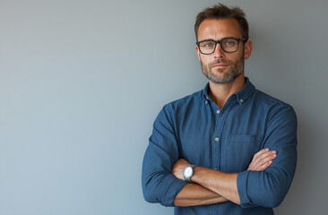 Confident stylish man with short hair and beard, wearing glasses and a blue shirt, arms crossed, isolated on white background, casual outfit, professional photo shoot pose
